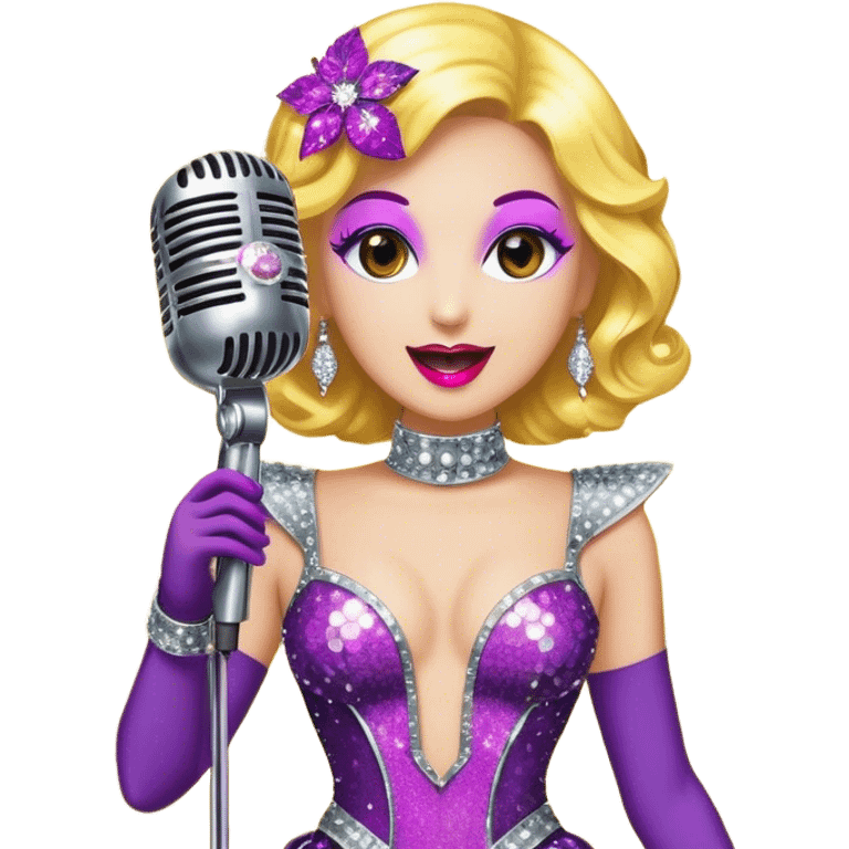 Create a glamorous and vibrant emoji representing stage vocal performance. The design should feature a humanless collage of classic vintage microphone, stage costume covered in rhinestones, large scene speakers, scene lights. The costume should be stylized, with glittering elements like sequins and sparkles, and reflect the glitzy, extravagant nature of show business. The microphone should have a sleek, retro look with chrome or metallic accents. Use rich, dazzling colors like gold, silver, deep purple, and bright red to evoke the glamorous, larger-than-life feel of a stage performance. The background should be transparent. emoji