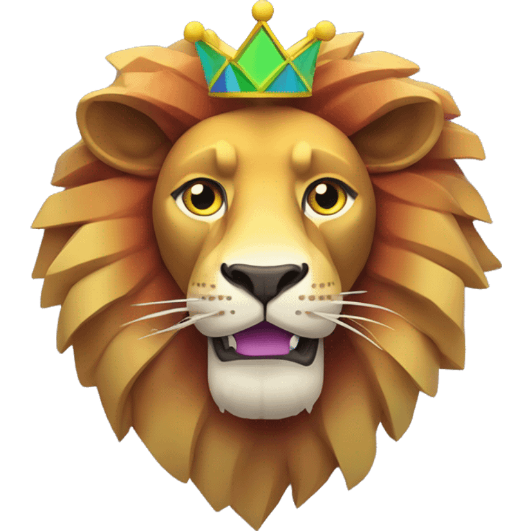 Create an emoji of a multicolored geometric lion with a golden crown, looking astonished with wide eyes and an open mouth. Use bright colors like green, yellow, blue, red, and purple, with a colorful circular background. emoji