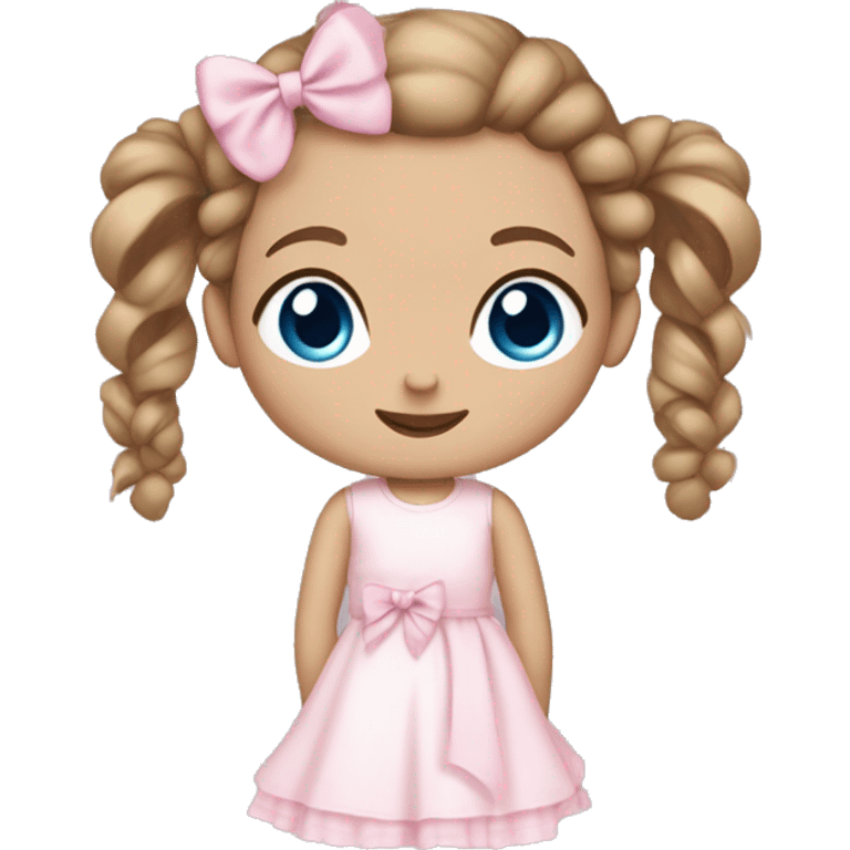 Little  babygirl with White skin, blue eyes. Light Brown hair in two ponytails, with light pink bows.  She is wearing a light pink and White dress, holding a teddybear with a pink bow. emoji