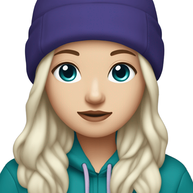 White girl, blue eyes, long teal hair, purple beanie hat, black hoodie, blue jeans, black shoes emoji