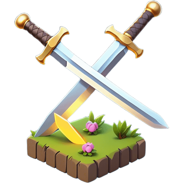 Clash of Clans aesthetic: Cinematic Playful 3D Isometric Sword Emoji, rendered in a 3D vector-style similar to standard emojis with minimal shading and bold, simplified shapes. A compact, distinct form with signature details, softly glowing with a fantasy RPG magic charm. Simplified yet unmistakably iconic, highly detailed and consistent, glowing with a soft radiance and high shine. Stylized with a touch of heroic grandeur and a soft glowing outline, capturing the essence of a beloved gaming relic with a friendly, playful manner! emoji