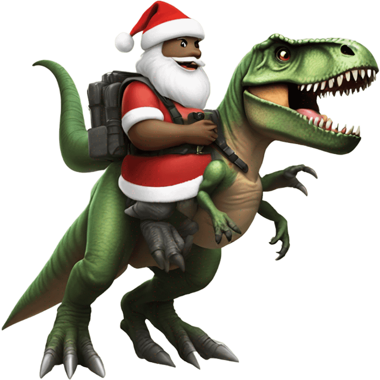 T-Rex wearing a bullet proof vest and Santa hat riding a human  emoji