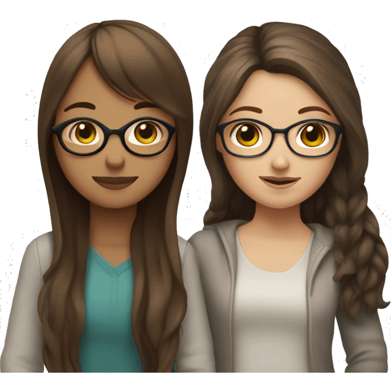 white girl with glasses and  long straight brown hair and bangs that’s hugging brown girl with long curly dark brown hair with no glasses emoji