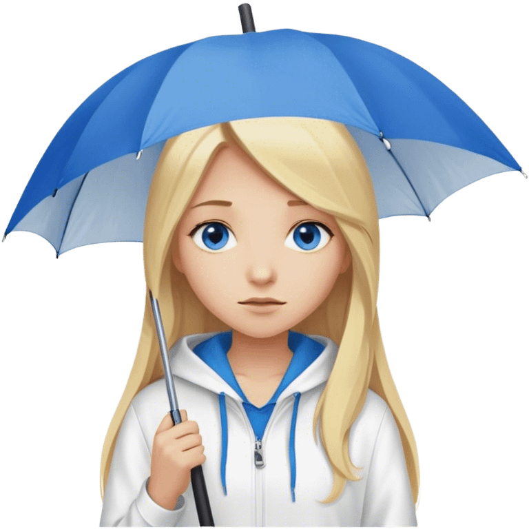 Cinematic realistic emojis in the form of a blonde girl with long hair, blue eyes, wearing a white hoodie, holding an umbrella over her emoji