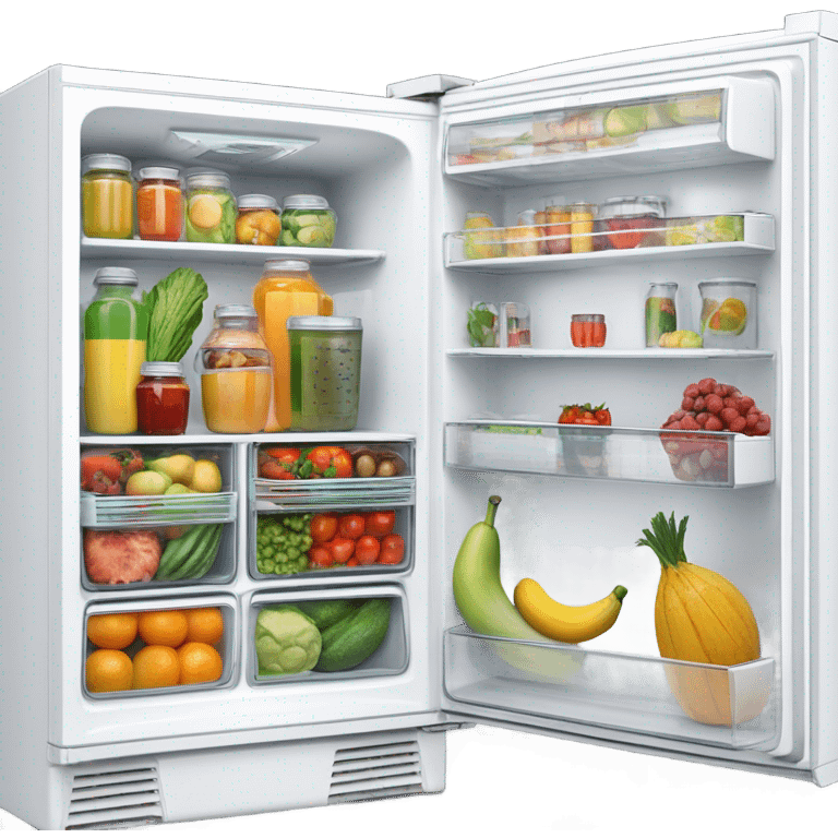 A white double door fridge with both doors open. Inside it has shelves with fruit and vegetables in organized containers. Also clear bottles filled with juices that is organized emoji