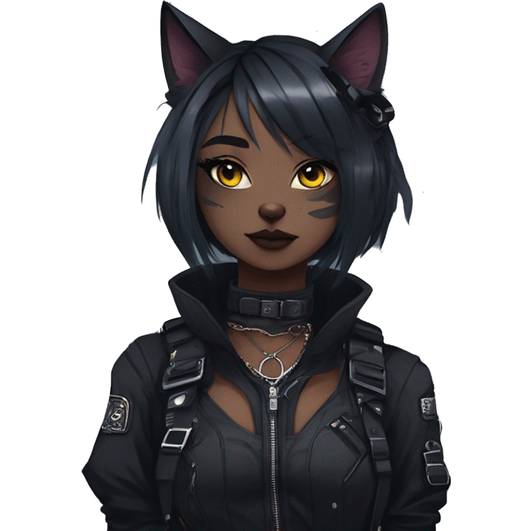 Gorgeous gothic dark techwear cyberpunk anime style sona anthro cat, aesthetic, and pretty edgy black with collar and harness, trending style emoji