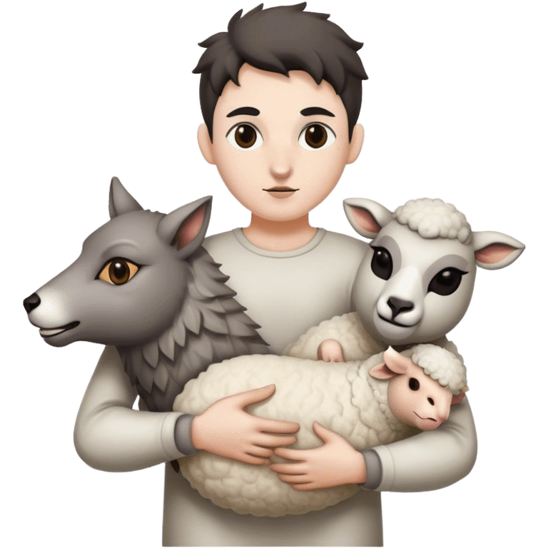 the whole body of a wolf with a human body in its hand, with sheep's masks in its hands emoji