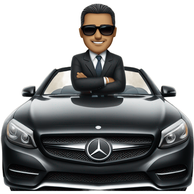 Latino Businessman with sunglasses standing in front of black Mercedes convertible emoji