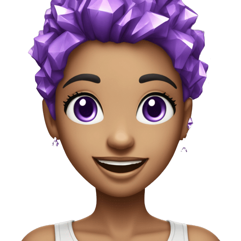 one girl with purple diamond hair made from purple crystals or diamonds or jewels, she is feeling happy and elated and excited, make her hair shiny with prisms and angles and edges emoji