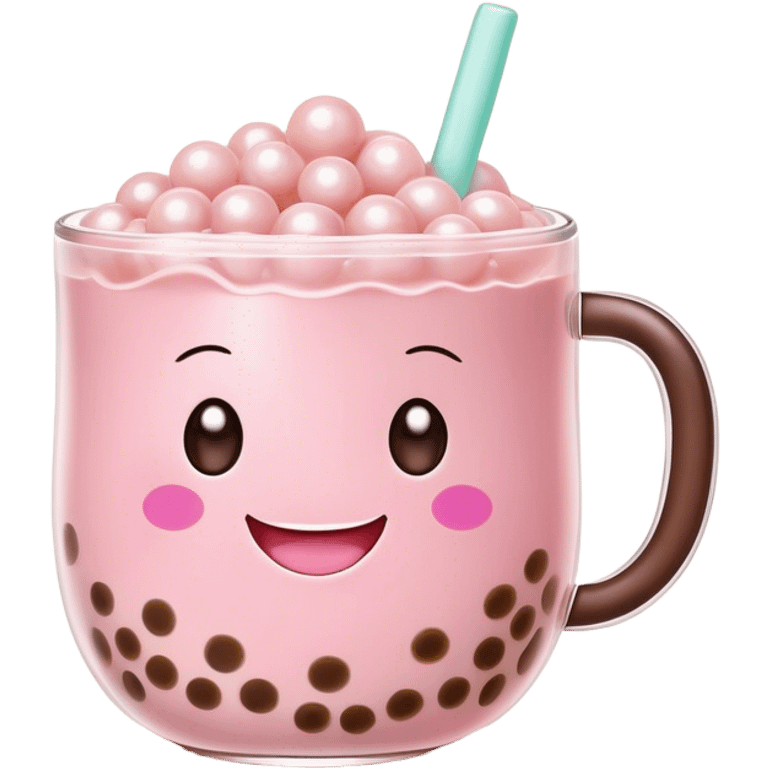 Cute Kawaii Boba Tea Cup, with a happy smiling face, chubby round shape, pastel pink and brown colors, soft glowing highlights, adorable tapioca pearls floating inside, sparkling eyes full of joy! emoji