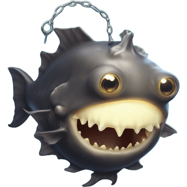 Anglerfish with a glowing lure hanging from its forehead, sharp teeth, and big eyes. emoji