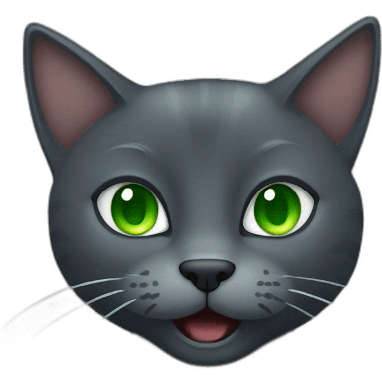 A dark grey cat with green eyes mewing while shes angry emoji