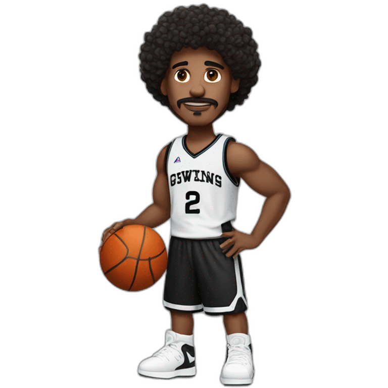 black basketball player with moustache curly hair and headband wearing black and white jersey holding the book emoji