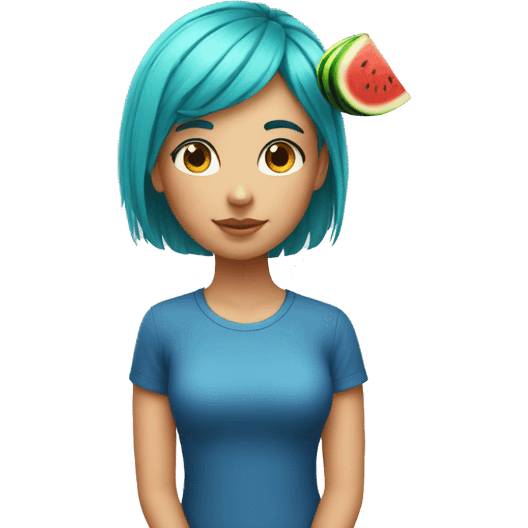 A girl with BLUE hair and a watermelon  emoji