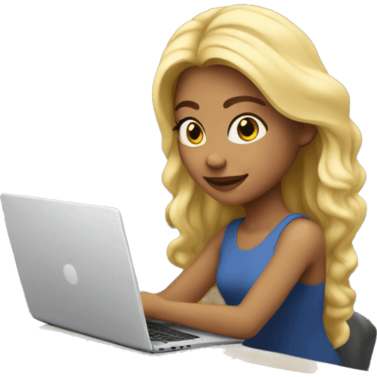 Beautiful blond girl is working with her laptop  emoji