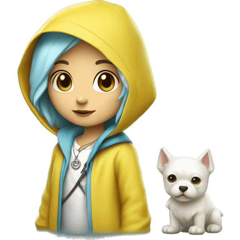 Cute little girl with light blue hair wearing a yellow raincoat hood up with white skin and short hair with cross necklace and staff emoji