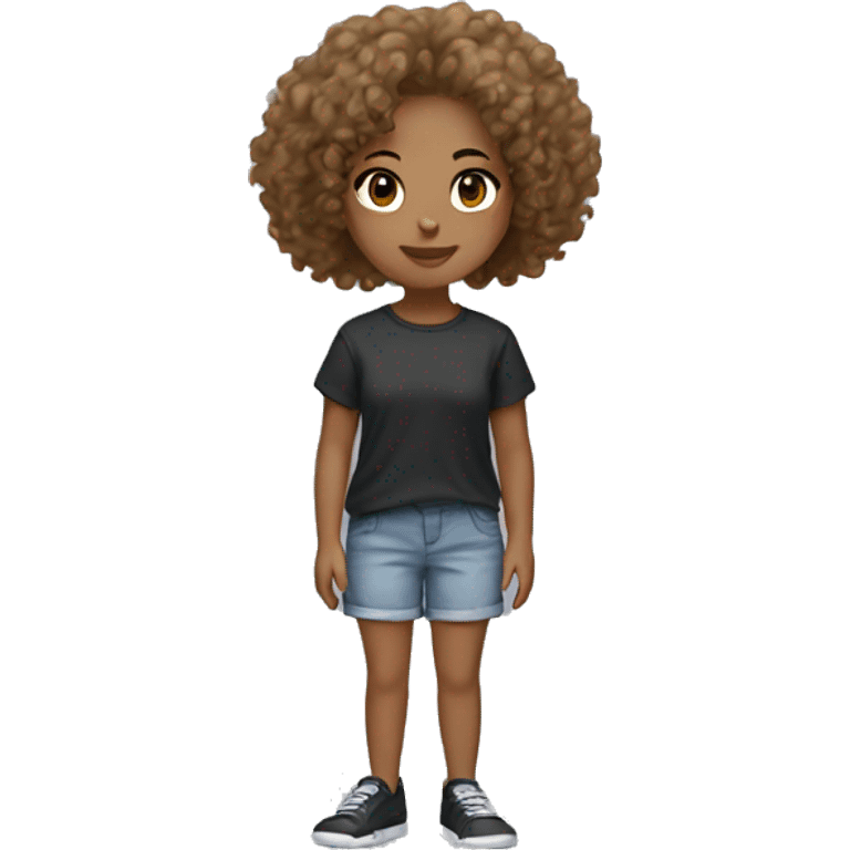 A girl with curly hair light brown skin with a baggy tee shirt and shorts with black slides emoji