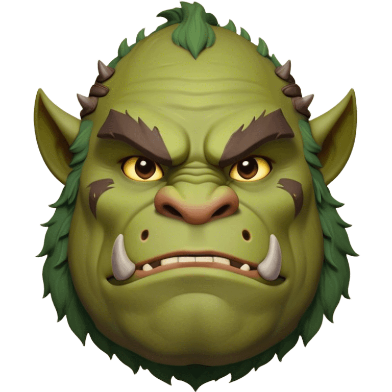 Cinematic Noble Ogre Portrait Emoji, Majestic and imposing, with a rugged, muscular form in deep earthy greens and browns, adorned with battle scars and subtle tribal markings, exuding calm, noble strength and unexpected wisdom, simplified yet strikingly detailed, glowing with a shadowy outline that captures the essence of a gentle giant with fierce heart! emoji