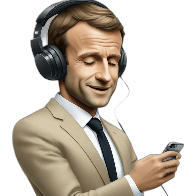 Emmanuel Macron with iPhone wired to earphones vibing at the music emoji