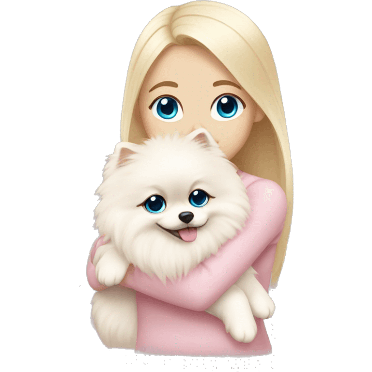 Blond girl white skin blue eyes hugging white Pomeranian with light pink bow emoji