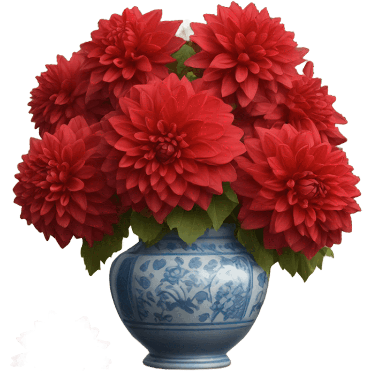 A Parisian-inspired setting with a bouquet of red dahlias in a ceramic vase emoji