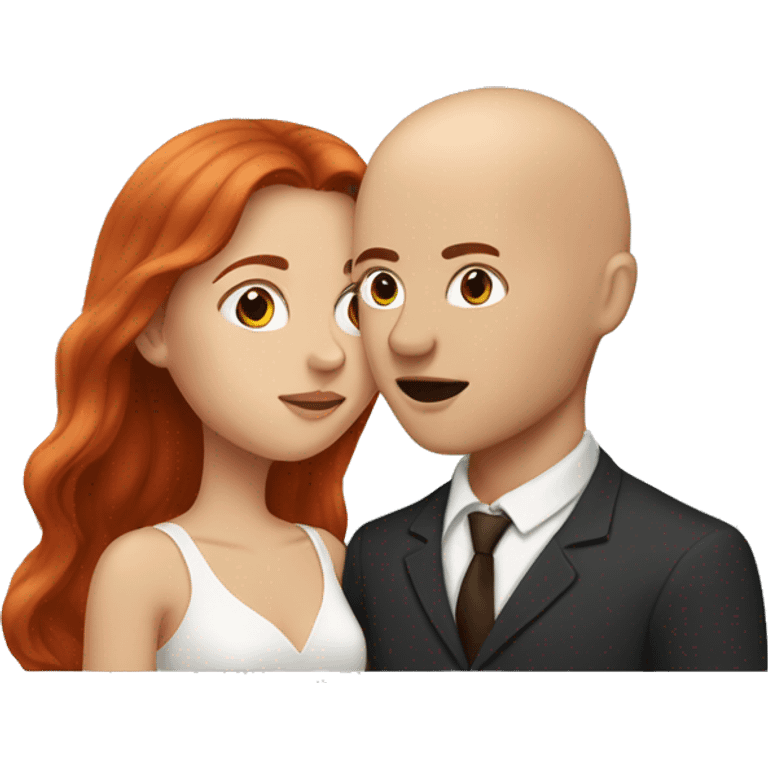 Couple kissing each other, girl is pale with red long hair and man has no hair and is white brown eyebrows emoji