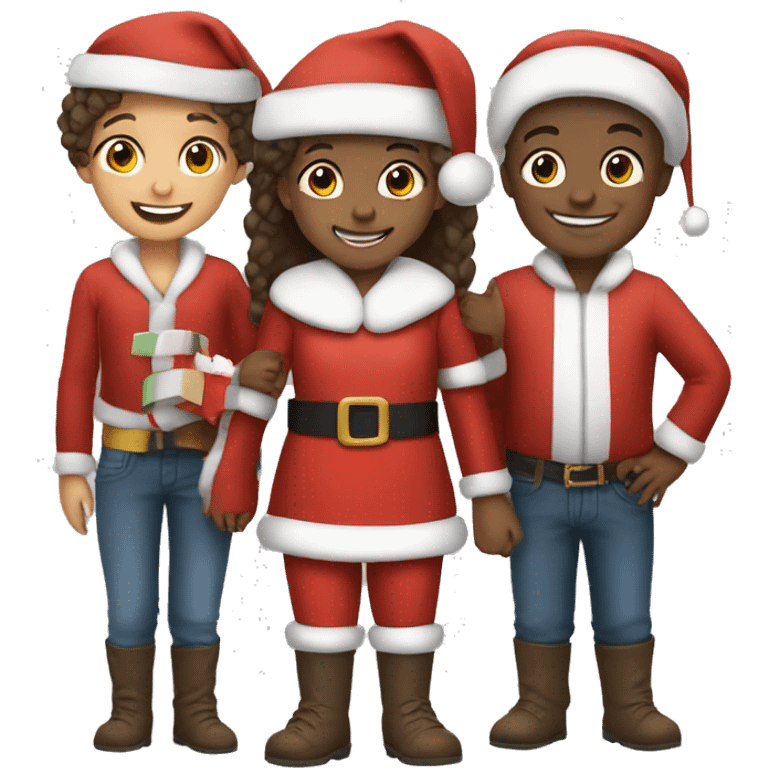 smiling girl with boys dressed as Santa emoji