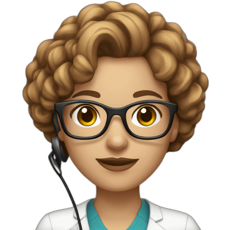 Support analyst woman white, brown curled hair, brown eyes, Brazilian, white glasses, with a computer and a headset emoji