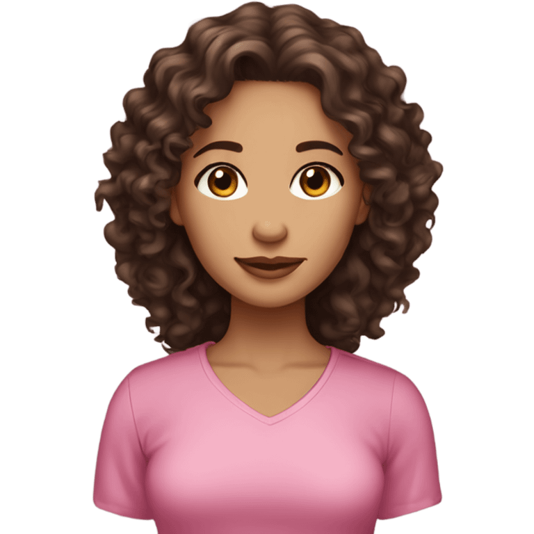 Beautiful light skin woman, dark brown long curly hair,brown eyes, pink shirt emoji