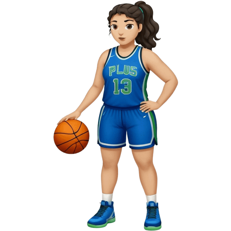 full body plus size light skin  latino women basketball player with wavy dark hair in pony tail wide nose wearing blue uniform with green accent emoji