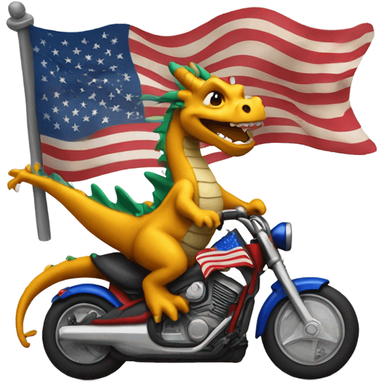 Dragon riding a motorcycle while waving an American flag emoji