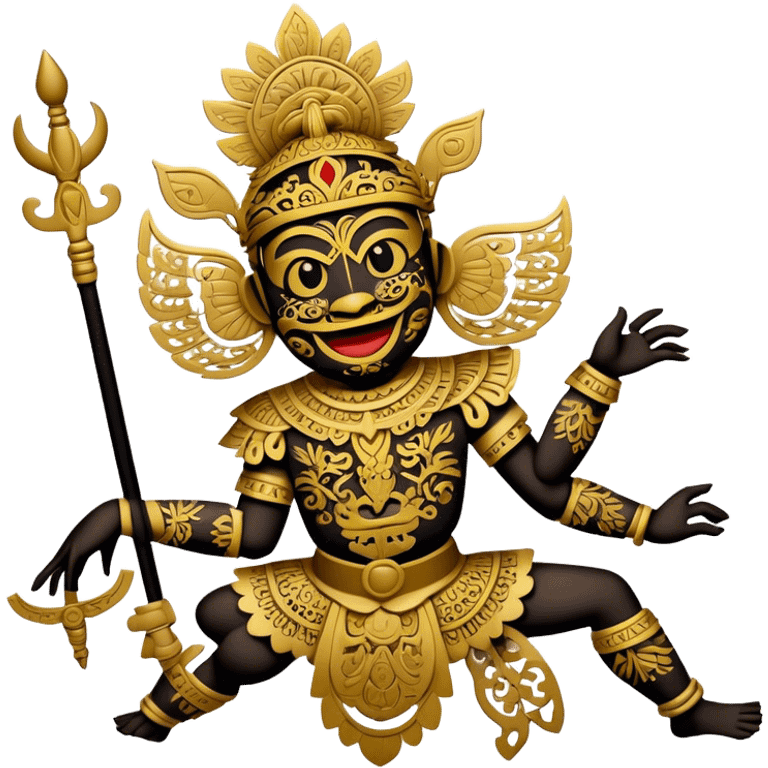 Cinematic Realistic Wayang Kulit Emoji, depicted as an intricate shadow puppet with detailed cut-out figures and traditional patterns, rendered with crisp textures and dynamic cultural lighting that captures its ancient artistry. emoji