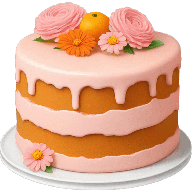 light pink and light orange cake on peach colored plate with light orange cosmo flowers and zinnia flowers emoji