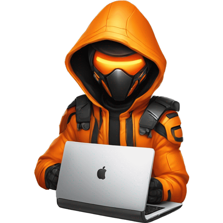  developer behind his laptop with this style : crysis Cyberpunk Valorant orange glowing bright orange character orange black hooded assassin themed character emoji