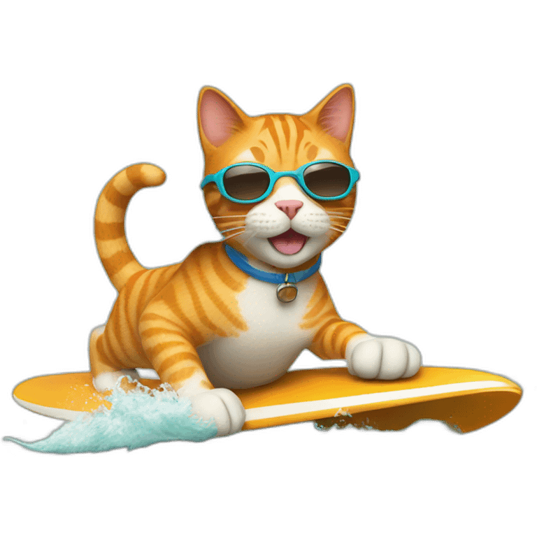 A ginger cat with sunglasses surfing waves emoji