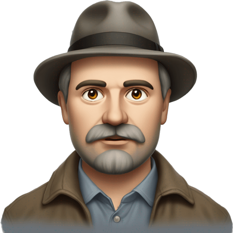 Russian writer Alexander Kuprin Photorealism A plump serious man of Slavic appearance with Small eyes with goatee beard and mustache, with a  short haircut, big detailed face, wrinkled face, wearing a fedora hat emoji