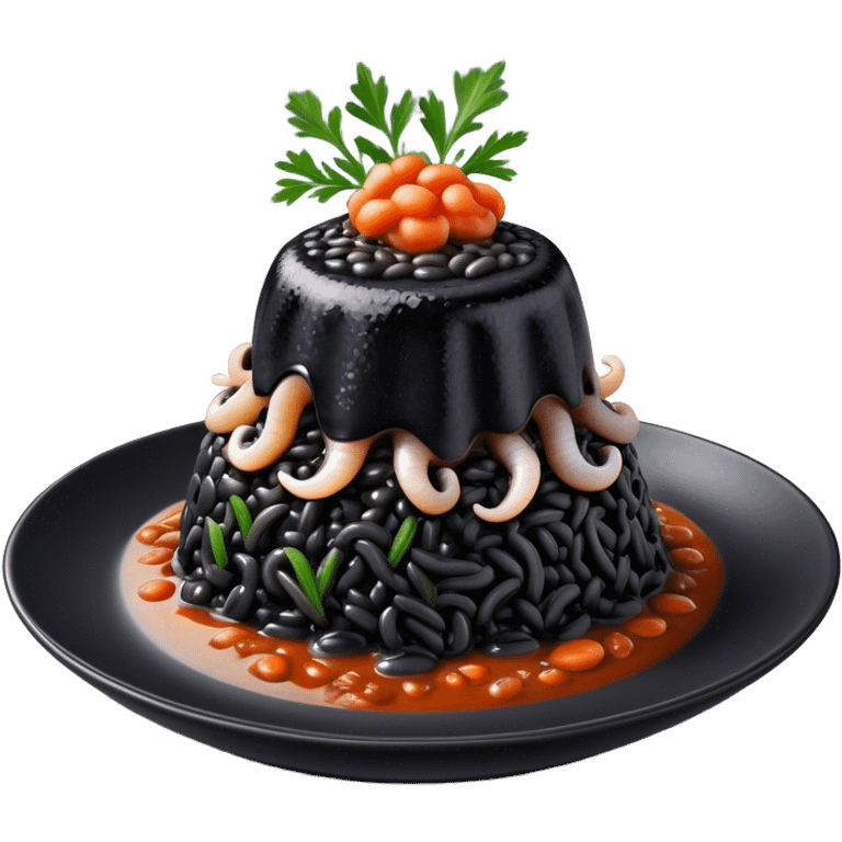 Cinematic Realistic Black Risotto Dish Emoji, showcasing a rich squid ink-infused risotto rendered with bold textures and dynamic, dramatic lighting. emoji