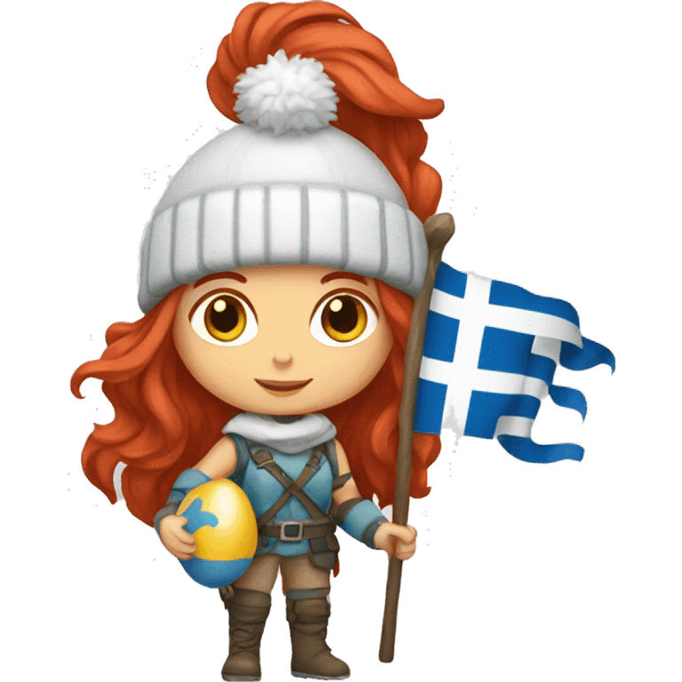 female winter mountaineer red hair holding greek flag and easter egg emoji