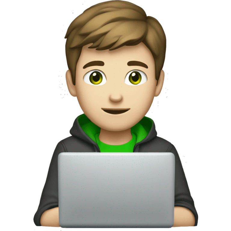 caucassian young man with short brown hair and green eyes working on laptop emoji