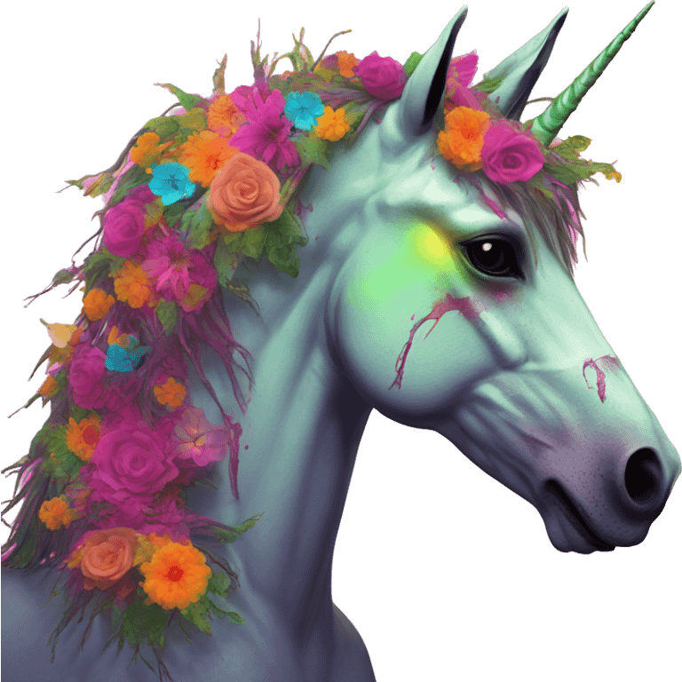 Zombie Pegasus unicorn psychedelic flowers floral groovy art neon rave raving emoji