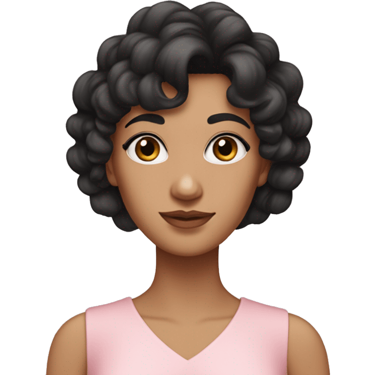 White woman with long black curly hair and bangs and dark brown eyes, wearing a pastel pink dress emoji