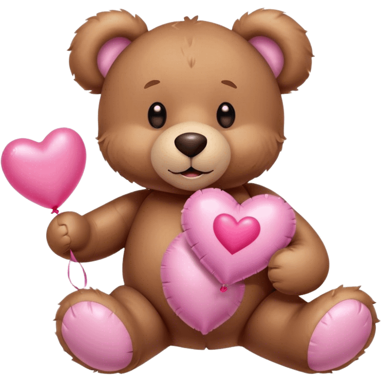 Adorable Plush brown teddy bear holding an inflatable metallic pink heart-shaped balloon in his paw and love letter of the color pink emoji