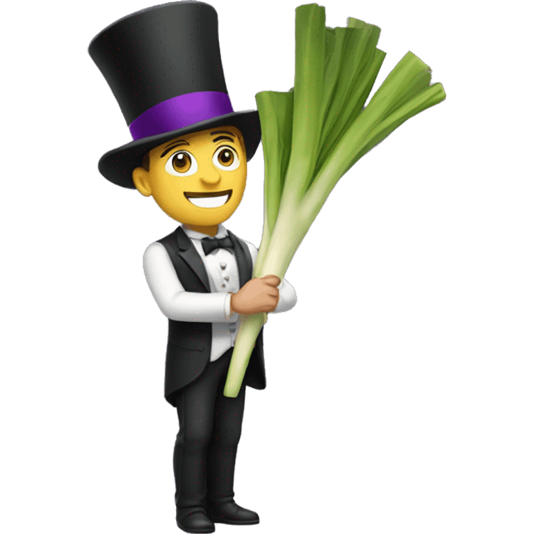 White man wearing a Top Hat with a purple band holding a leek emoji