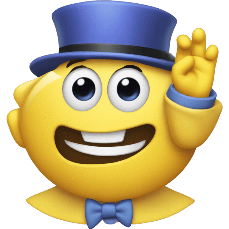 a yellow face emoji NOT SMILING saluting with a top hat that has a periwinkle band on it emoji