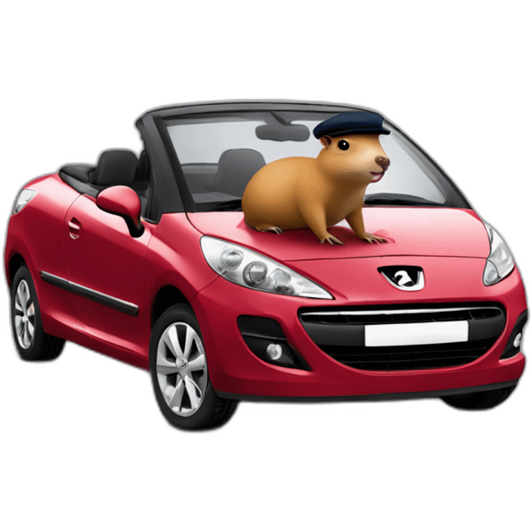 capybara wearing a beret driving a peugeot 207 coupé cabriolet emoji