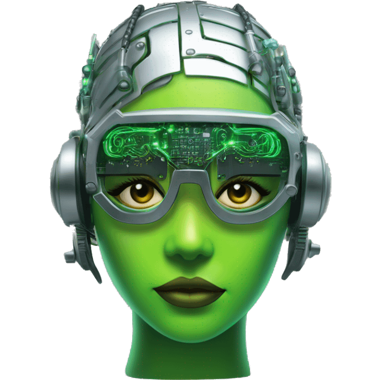 Neon green bobbed hair Latina female cyborg head with silver steampunk goggles and circuits emoji