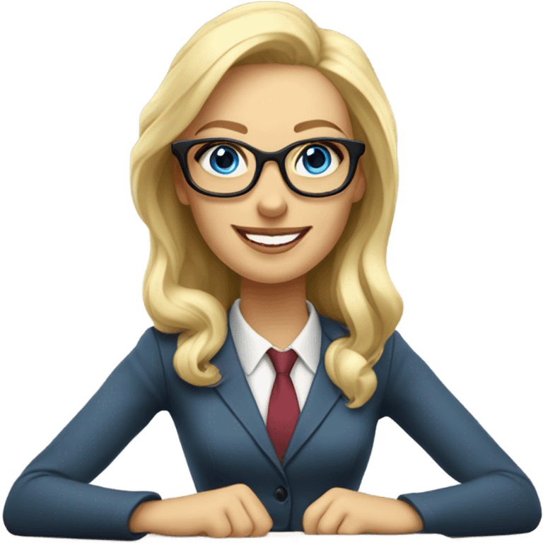 Corporate blonde boss lady with glasses happy blue eyes sitting at a desk emoji