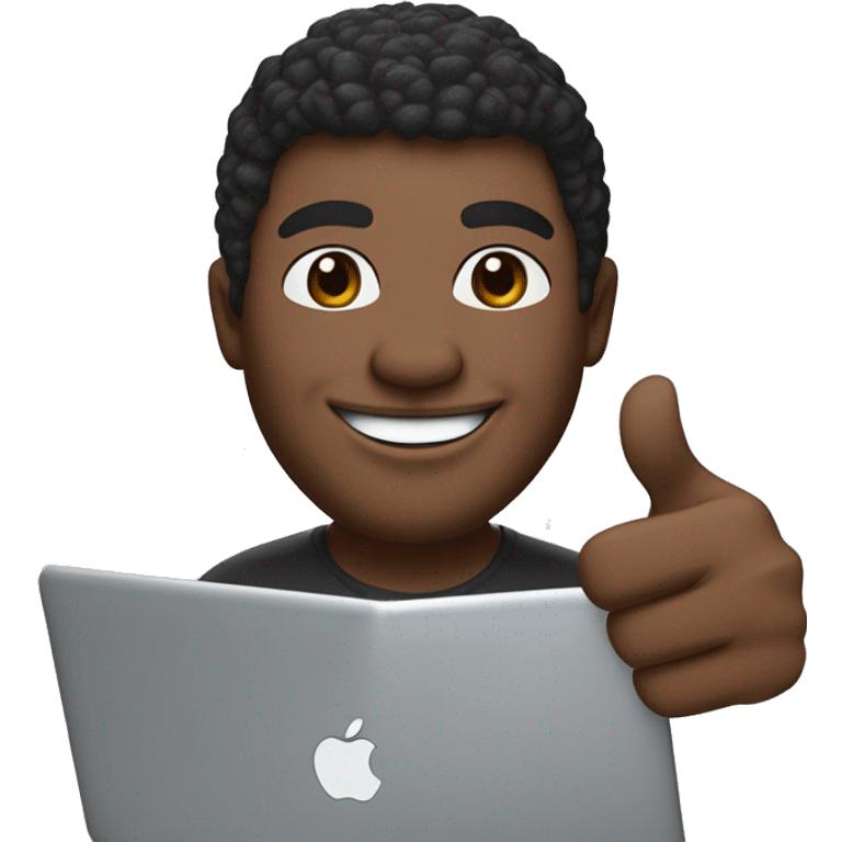 Design an iOS-style Memoji of a dark-skinned software engineer with a big smile. The Memoji should be slightly turned, giving a thumbs-up with the right hand and holding a Dell Precision 5680 laptop with the left hand. It should wear a beige hat emoji