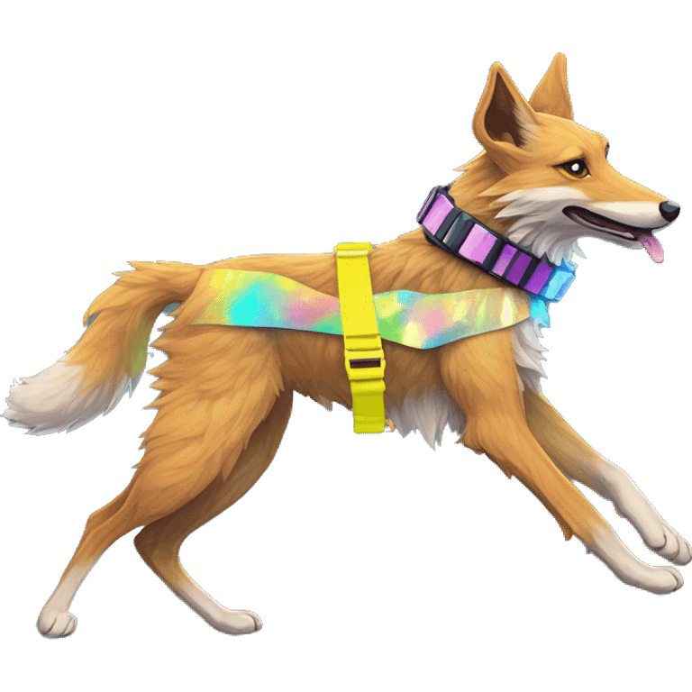  brindle fluffy lurcher Alsatian fox running blue eyes fluffy ears and iridescent holographic oilslick harness wearing paper iridescent tropical flower crown yellow caution tape neon sign emoji