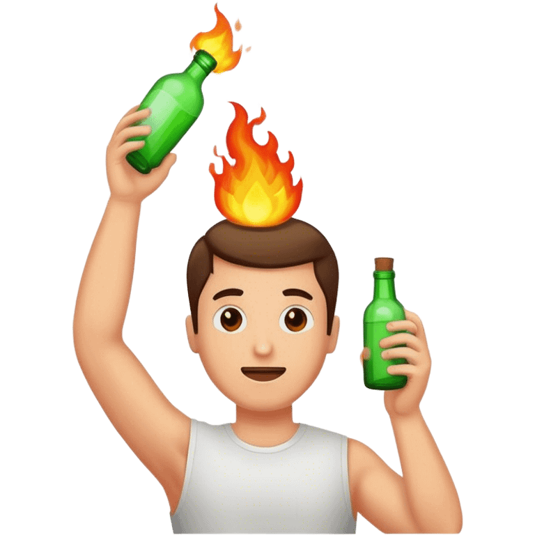 Man holding a bottle above his head. The bottle is on fire emoji